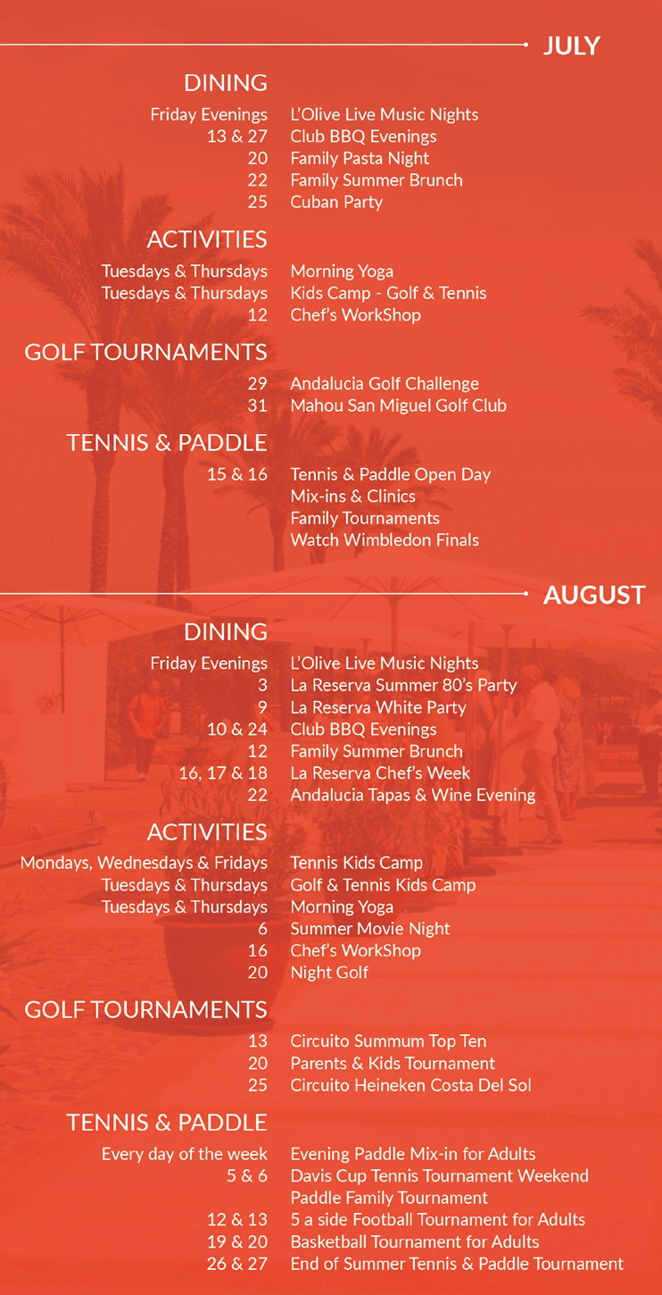 La Reserva Summer Calendar of Activities